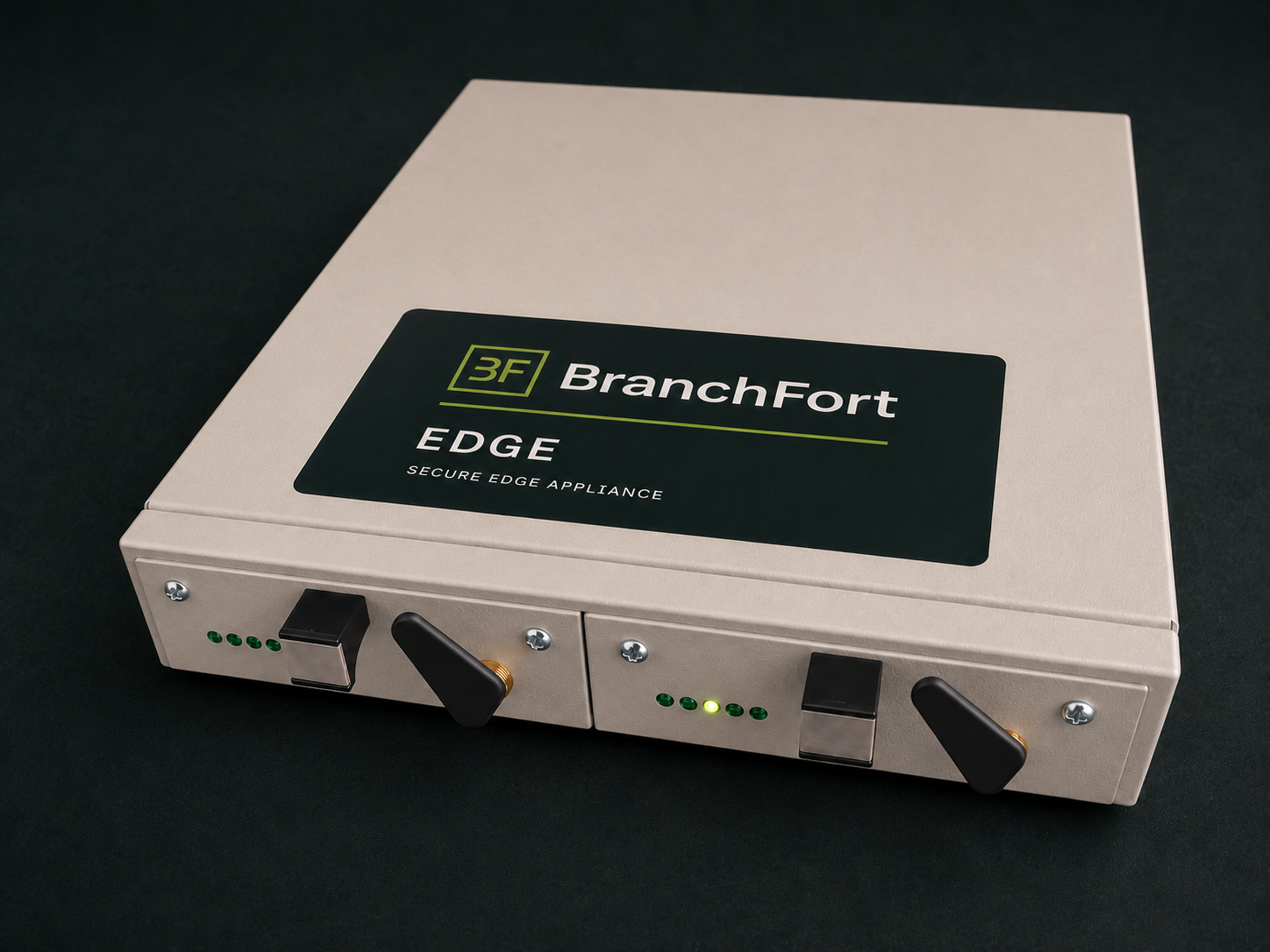 BranchFort Edge prototype secure edge appliance with dual Wi-Fi antennas